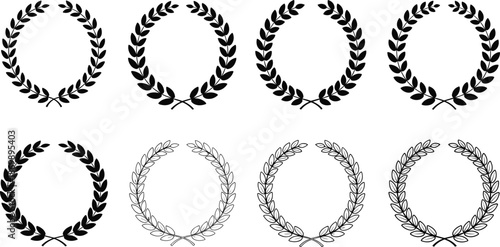 Laurel wreath icon set, victory symbol collection, black and outline designs, award emblems, graphic elements, achievement illustration pack