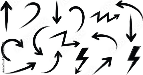 Grunge Brush Arrow and Lightning Bolt Set Hand Drawn Directional Vector Illustration Collection