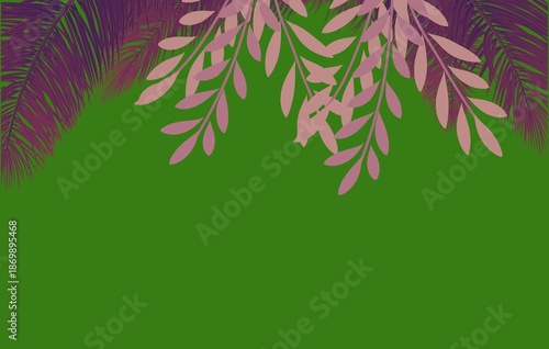 Green Botanical Background with Hanging Tropical Leaves and Foliage