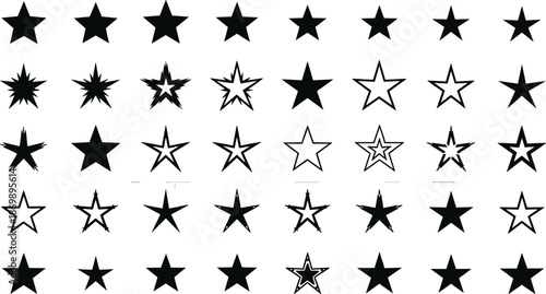 Star shape collection, icon grid layout, decorative star symbols, black and white stars, abstract pattern set, graphic design elements