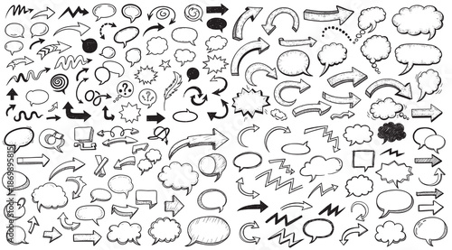 Abstract arrows and Speech bubbles set. Various doodle arrows and talk balloons with grunge texture. Hand-drawn abstract vintage infographic Vector collection.