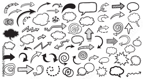 Hand drawn design elements set featuring arrows, hearts, and speech bubbles for creative graphic design