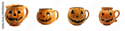 Four orange pumpkin shaped ceramic mugs with carved jack o lantern faces perfect for halloween on transparent background