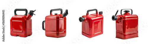 Four red jerry cans in various perspectives showcasing design and utility on transparent background high quality