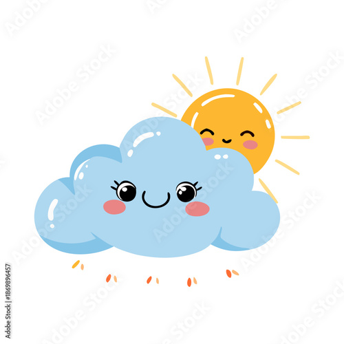 Happy yellow baby chick and bird characters celebrate Easter with eggs and flowers under a bright cartoon sun and clouds in a spring nature vector illustration