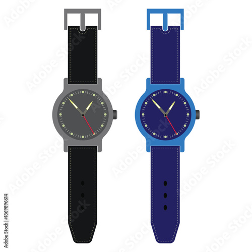 Watches with black and blue leather straps and round dials, timepieces with red second hands and white hour markers