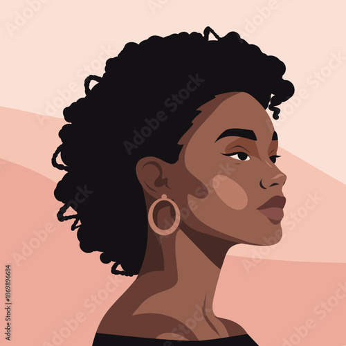 Vector portrait poster, curly-haired African-American woman with expressive facial features in profile. Perfect for topics related to diversity, beauty, fashion, and culture. Avatar for social media.