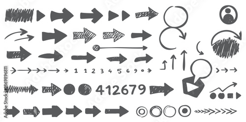 Various Black Arrows, Icons, and Numbers on White Background for Design and Directional Guidance
