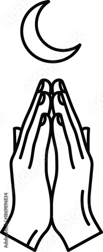 Praying Hands with Crescent Moon Symbol, Line Art, Spiritual Concept
