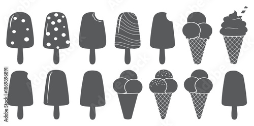 Ice cream and popsicle illustrations in various flavors and styles on white background