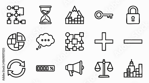 Set of business and finance icons, including flowchart, hourglass, key, lock, pie chart, thought bubble, plus, minus, refresh, progress bar, megaphone, scales of justice, and city skyline