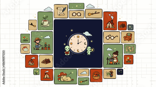 Whimsical Collage of Daily Life Activities and Time, Featuring Cute Characters and Cozy Scenes
