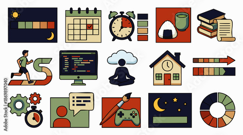 Collection of Flat Icons Representing Various Aspects of Life: Work, Leisure, Health, and Time Management