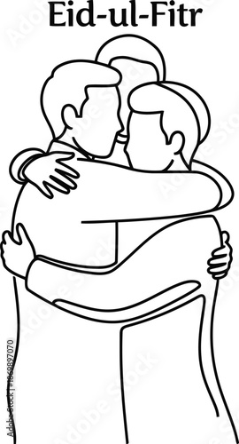 Eid-ul-Fitr Embrace, Three Men Hugging, Line Art, Celebration, Brotherhood