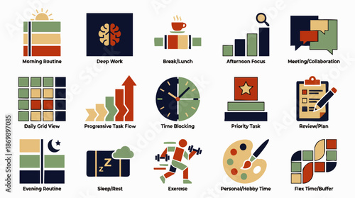 Set of icons representing productivity, time management, and daily activities for business and lifestyle