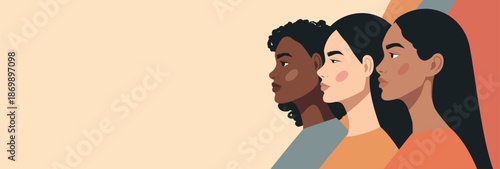 Women of different nationalities and cultures together. Diversity, gender equality, and women's empowerment. Vector horizontal banner with space for text for Women's Day, March 8