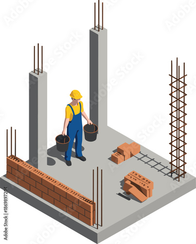 Isometric construction worker illustration, building foundation with bricks concrete columns rebar materials construction site flat vector design