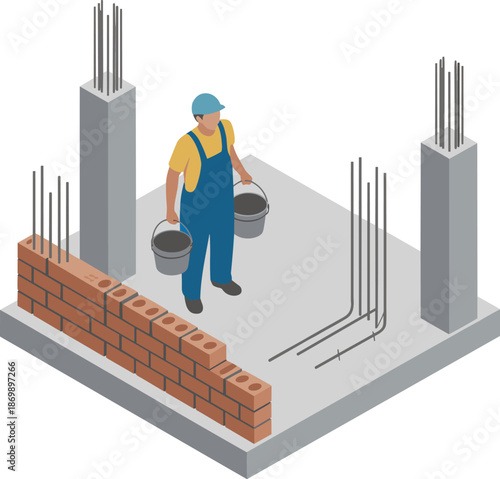 Isometric construction worker illustration, building foundation with bricks concrete columns rebar materials construction site flat vector design