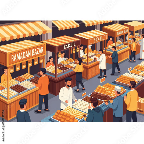 Lively Ramadan Bazaar Scene with People Shopping for Traditional Takjil Food