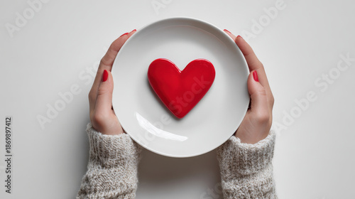 Hands Holding Plate with Red Heart Symbol Concept of Love and Care