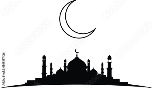 Islamic Crescent Moon and Mosque Silhouette - Cultural Symbols