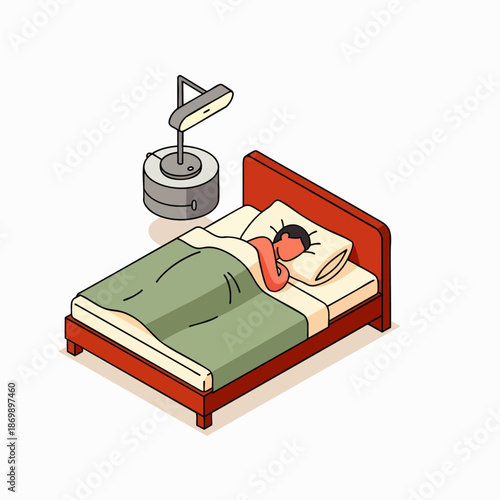 Isometric illustration of a person sleeping soundly in a cozy bed with a bedside lamp, depicting rest, relaxation, and a peaceful night's sleep routine.