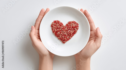 Hands Holding Plate with Red Heart Symbol Concept of Love and Care