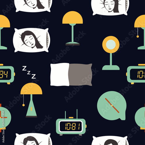 Seamless pattern with sleeping women, pillows, alarm clocks, and bedside lamps on a dark background, illustrating good night's rest and peaceful dreams.