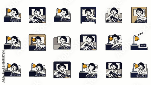 Woman in Bed, Various Poses and Actions, Sleeping, Waking Up, Reading, Using Phone, Alarm Clock