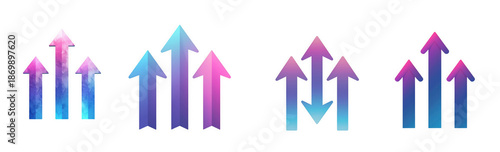 A vibrant collection of colorful gradient arrows pointing upwards in varying heights and shades on transparent background