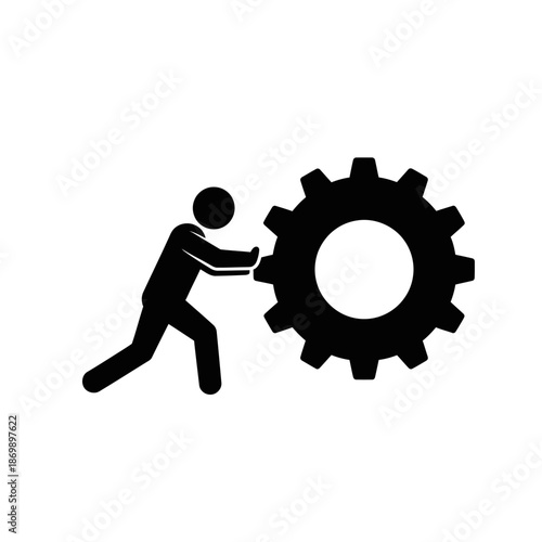 A person pushing a large gear into motion with effort and determination silhouette vector.