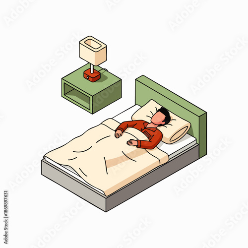 Man sleeping peacefully in bed next to a nightstand with a lamp, illustration in isometric style