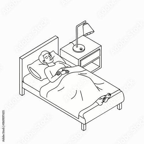 Isometric line art illustration of a person sleeping peacefully in bed, representing rest, relaxation, and a healthy sleep routine.