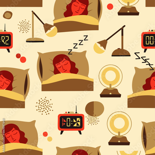 Seamless pattern of a peaceful woman sleeping soundly in her bed with an alarm clock and lamp, illustrating rest, relaxation, and good night's sleep.