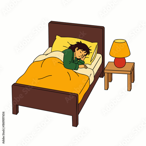Young person sleeping peacefully in a comfortable bed with a bedside lamp, representing rest and relaxation.
