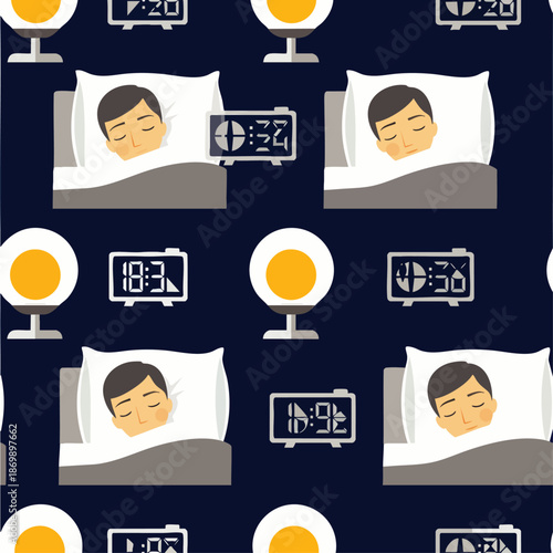 Seamless pattern of a man sleeping in bed with alarm clocks and bedside lamps on a dark blue background