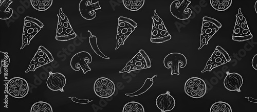 Panel kuchenny z motywem Hand drawn pizza ingredients pattern on black chalkboard background with pepperoni slices mushrooms onions and chili peppers sketches for italian restaurant menu design or food packaging