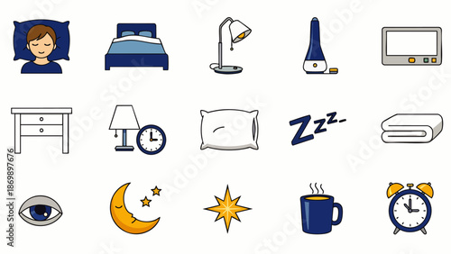 Collection of sleep and bedtime icons: person sleeping, bed, lamp, alarm clock, moon, stars, eye, pillow, blanket, and more