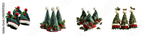A collection of four festive christmas tree shaped hats with red berries and holly on transparent background