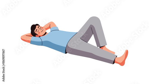 Relaxed Young Man Taking a Peaceful Nap or Resting Comfortably, Enjoying a Moment of Calm and Tranquility with Hands Behind His Head, Isolated on White Background