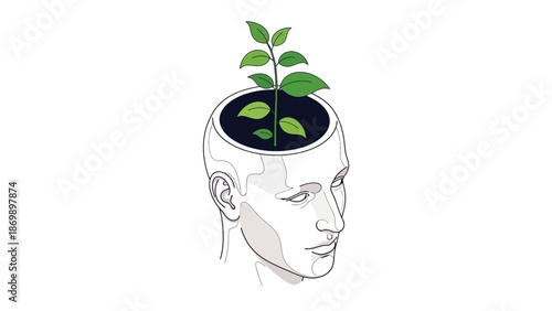 Conceptual illustration of a vibrant green plant sprouting from a human head, symbolizing intellectual growth, the development of new ideas, and the continuous nurturing of knowledge