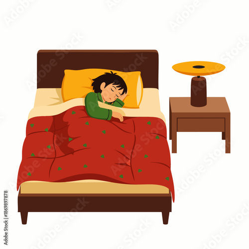 A young child sleeps peacefully in a cozy bed covered with a warm red blanket and a yellow pillow, with a nightstand and lamp nearby.