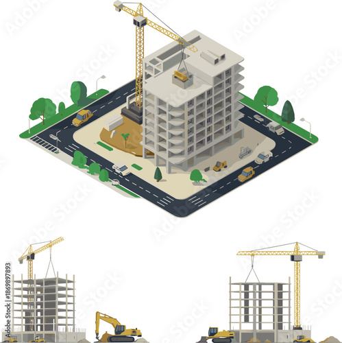 Isometric building construction illustration, multi story structure with crane trucks foundation work architecture urban development concept