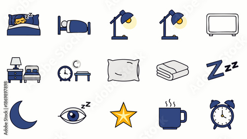 Collection of sleep and rest icons: bed, pillow, blanket, moon, star, alarm clock, eye, lamp, TV, nightstand, coffee cup