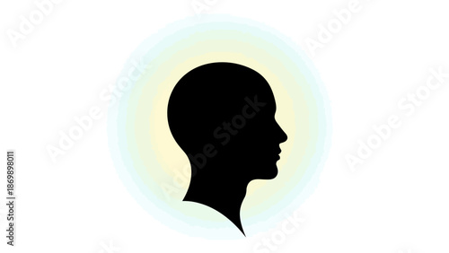 Minimalist human head silhouette with a radiant aura, symbolizing mindfulness, spiritual enlightenment, mental clarity, and the deep essence of consciousness and inner wisdom