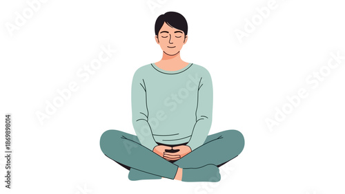 A serene young man finds inner peace and tranquility through mindful meditation, sitting in a relaxed cross-legged posture, promoting wellness and mental calm in a peaceful setting