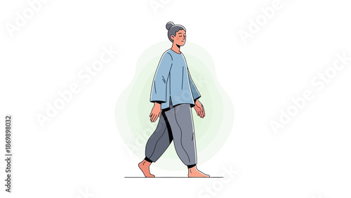 Minimalist illustration of a serene person walking barefoot, embodying a sense of calm movement and mindful well-being in a tranquil setting