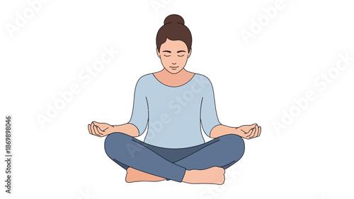 Calm and focused woman meditating in a cross-legged yoga pose, illustrating a moment of mindful practice and spiritual serenity for mental well-being