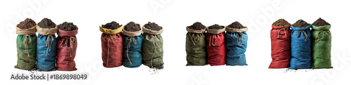 A collection of five tied burlap sacks in various vibrant colors displayed neatly in a row on transparent background