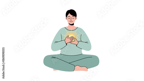Serene individual finding inner peace through meditation, emanating a tranquil glow from within, symbolizing mindfulness and spiritual well-being